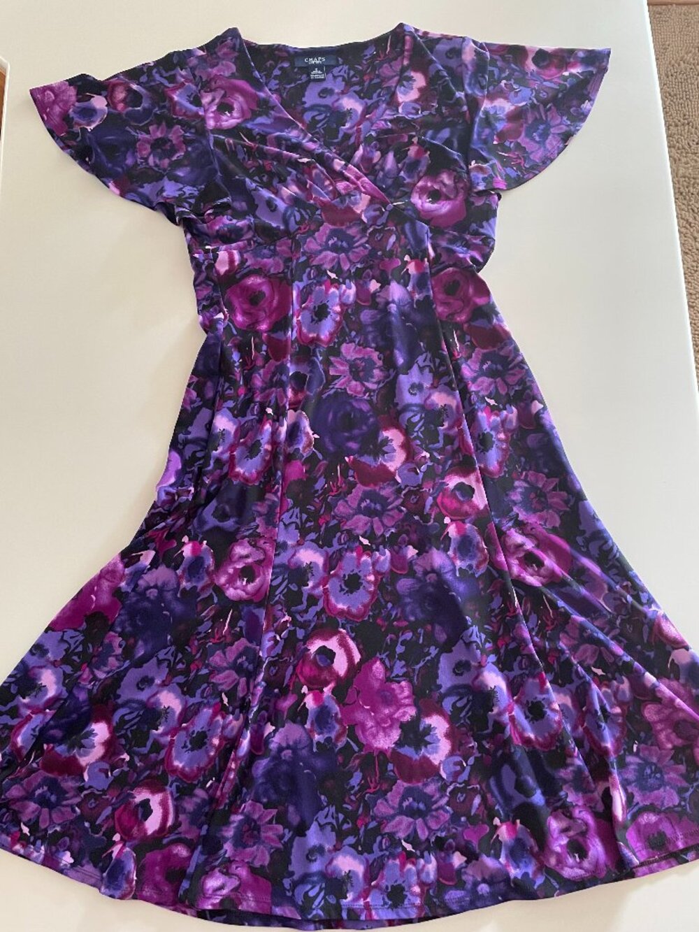 Chaps Purple Floral Fit & Flare Flutter Dress (Size Small)